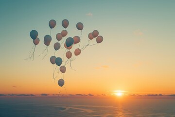 Bunch of balloons released into the sky at sunset, creating a magical and unforgettable moment - Powered by Adobe