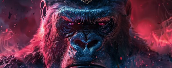 Illustration of a cool gorilla wearing a crown, set against a dark background. - obrazy, fototapety, plakaty