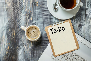 A blank note with the words "To-Do", with a mug of coffee and laptop. The image can convey the idea of staying organized and productive in daily life.