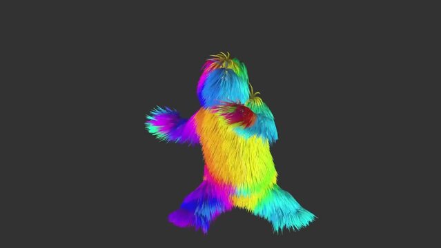 3D animation. The character is a silhouette made of fur, dancing provocatively