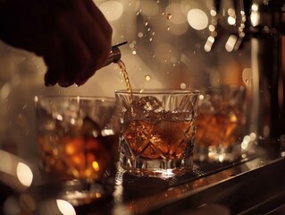 Bartender pouring a glass of whiskey - obrazy, fototapety, plakaty