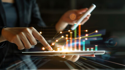 digital online marketing Businessman using tablet and analyzing sales growth data graph on modern interface icons about strategy Solution analysis and content development regarding global network conn