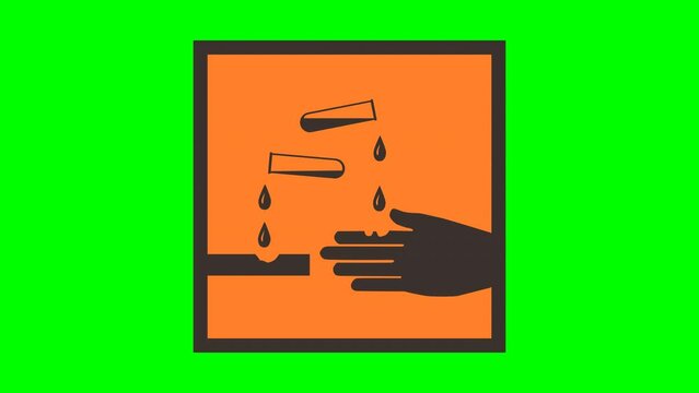 Appearance of an orange and black square sign of an acidic or corrosive product coming from above on a green background, transparent background with alpha channel