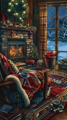 Fototapeta na wymiar Cozy winter scene with snug blankets, crackling fireplace, and steaming mugs of hot cocoa, evoking warmth and comfort.