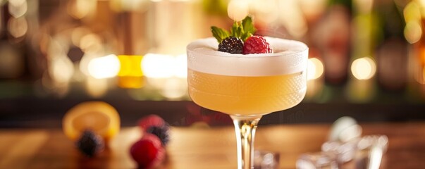 A delicious looking cocktail with a foamy top and berries on the rim. - obrazy, fototapety, plakaty