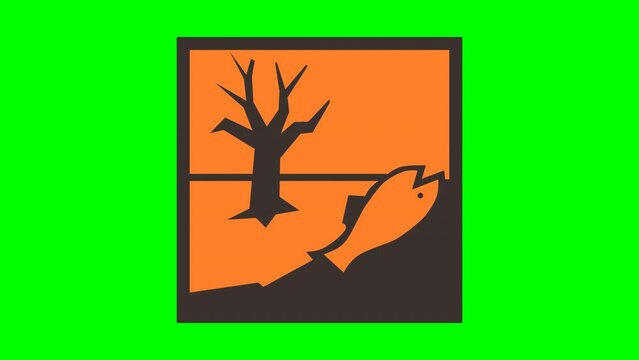Appearance of an orange and black square sign of a product harmful to the environment coming from above on a green background, transparent background with alpha channel