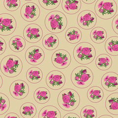 Circled Bouquets of Pink Roses on a Dijon Mustard Yellow pattern print background
