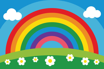 Colorful bright rainbow background with flowers field vector illustration