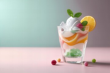 glass of ice cream with a slice of orange and a sprig of mint
