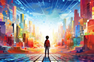 little boy stands in colorful big city illustration