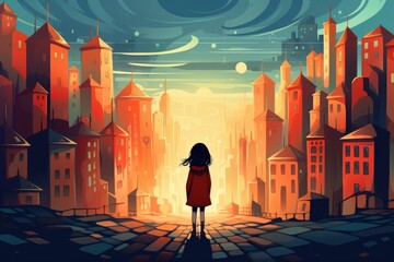 little girl stands in colorful big city illustration