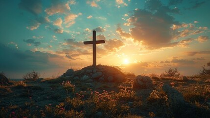 Cross with robe and crown of thorns on hill at sunset, depicting the Calvary and resurrection concept. - obrazy, fototapety, plakaty