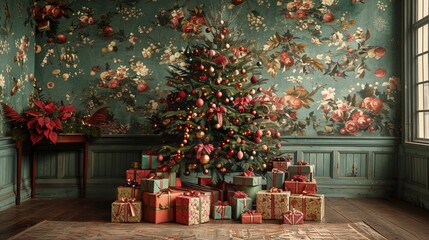 Magical christmas tree with uniquely wrapped gifts, each more visually descriptive