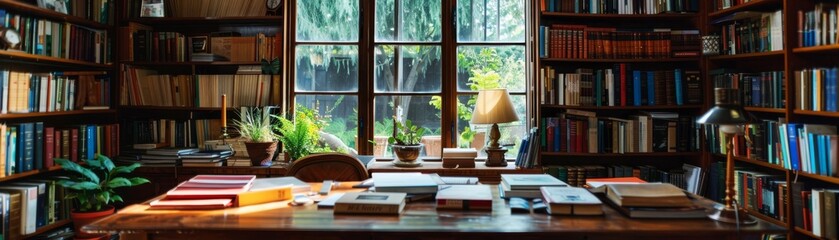 A large wooden desk in a library with a window in the background.