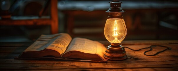An old book illuminated by a lantern on a wooden table.