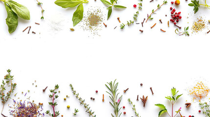 Spices and herbs on white background. Food and cuisine ingredients, Herbs and spices selection on white background with copy space for text, AI Generated - obrazy, fototapety, plakaty