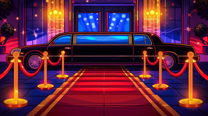 A black limousine is parked on a red carpet in front of a building