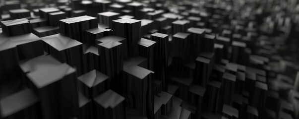 Immerse yourself in the depths of darkness with this abstract landscape. A sea of extruded black blocks, varying in height, creates a mysterious and captivating atmosphere.