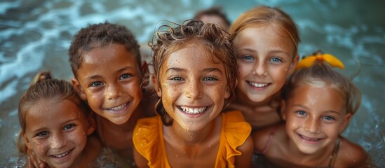 Cheerful Little Children Having Fun and Smiling in Group Portrait, Low View
