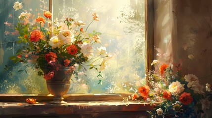 From classic oil to digital art  blossoming flowers on windowsill in diverse styles - Powered by Adobe
