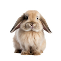 A fluffy lopeared rabbit sits on a white background