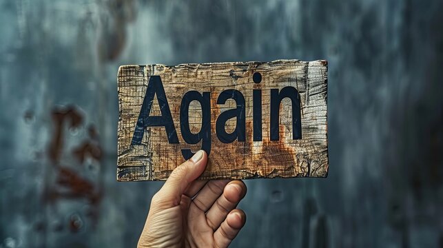 A hand holding a wooden sign that says "Again".