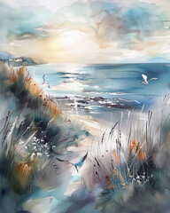 Watercolor landscape with a path leading to the sea and seagulls - 795335324