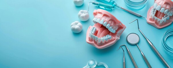 Dental model and dental equipment on a blue background. Dentistry concept. - obrazy, fototapety, plakaty