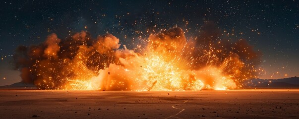 Witness the explosive power of a detonation in the desert sands, as billowing smoke, fiery flames, and dazzling sparks illuminate the night. 