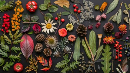 Set of botanical elements flowers, twigs, petals, leaves, flat lay, top view
- 795335732