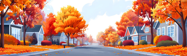 An illustration of a peaceful autumn street in a residential suburb district with colorful foliage and cozy houses. - obrazy, fototapety, plakaty