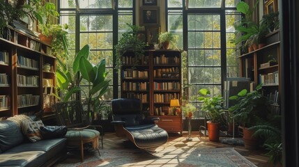A cozy, stylish modern library with large floor-to-ceiling windows and tall cabinets full of a variety of books. Hobby, leisure and education concept - 795335780