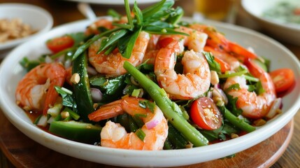 Bowl of cooked seafood and fresh veggies