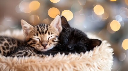 Cozy Kittens Napping in Soft Fur Lined Basket with Twinkling Lights Bokeh - obrazy, fototapety, plakaty