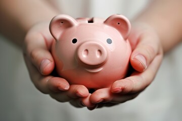 Close-up of a person's hand holding a piggy bank, savings concept