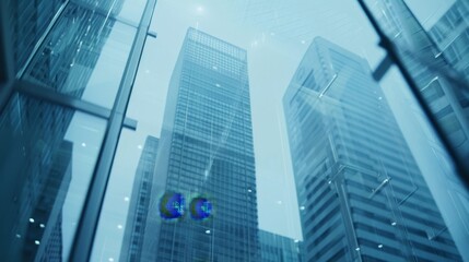 Blurry glass wall of contemporary office building in business center for corporate background - obrazy, fototapety, plakaty