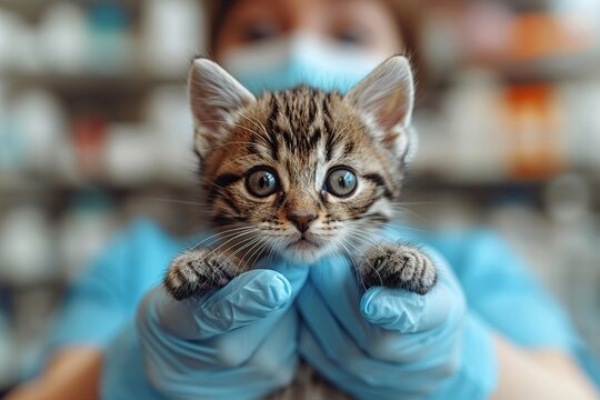 Veterinarian examining a grey tabby cat. 