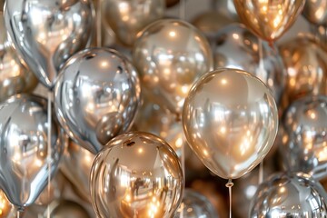 Cluster of metallic balloons reflecting light and creating a shimmering effect, ideal for celebrations