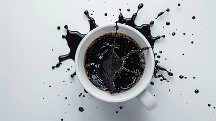 Splashing black coffee from white cup isolated on white background, top view.generative ai - obrazy, fototapety, plakaty