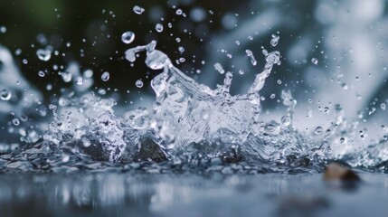 Splashing water on blurred dark background with bokeh lights. Dynamic splashing of liquid with reflection on a smooth surface. Aqua background. - obrazy, fototapety, plakaty