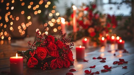 Table set with candles and red roses