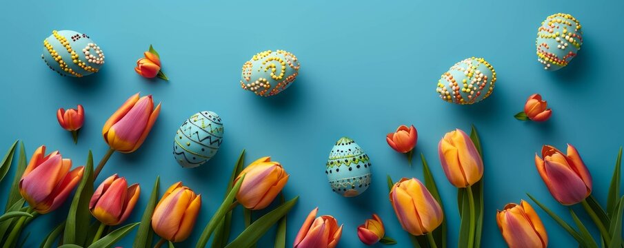 Vibrant top view of colorful Easter eggs and fresh tulips arranged on a soft blue background, perfect for festive greetings or promotions with ample space for text or advertisements.