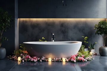 Bathroom with a bathtub filled with different flowers creating romantic relaxing atmosphere in spa salon, body care and mental health routine concept, flower show - 795338113