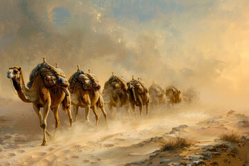 A caravan of camels winds its way along a dusty desert trail.