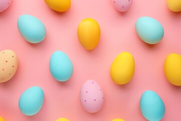 Fototapeta na wymiar Colorful Easter eggs arranged in a playful pattern against a pastel backdrop