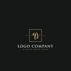 Initials signature letters QJ linked inside minimalist luxurious square line box vector logo gold color designs for brand, identity, invitations, hotel, boutique, jewelry, photography or company signs