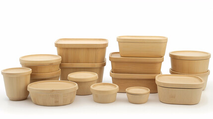 set of Bamboo Eco-Friendly Food Packaging Containers isolated on white