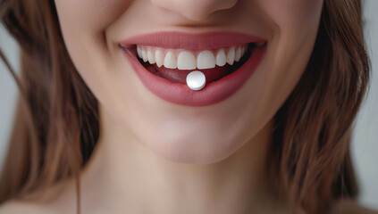 Fototapeta premium A woman is taking a pill in her mouth. The pill is white and small. The woman has a bright smile on her face 