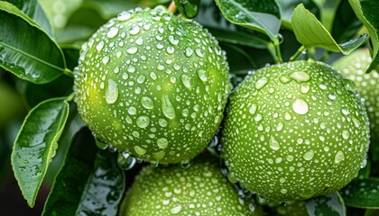 Ripe pomelo fruit on tree with dew drops, perfect wide banner with ample text space