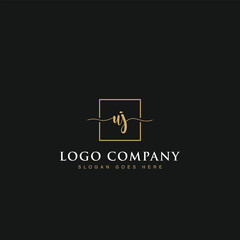 Initials signature letters UJ linked inside minimalist luxurious square line box vector logo gold color designs for brand, identity, invitations, hotel, boutique, jewelry, photography or company signs
